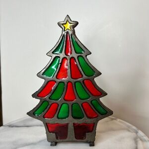 Vintage Cast Iron Christmas Tree Tea Light Candle Holder Red Green Glass Look